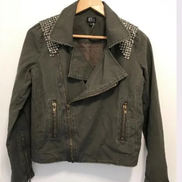 $300 NWOT Designer Women's Jacket Olive Khaki Zip Up Studded Accents Biker Sz M - Picture 1 of 4